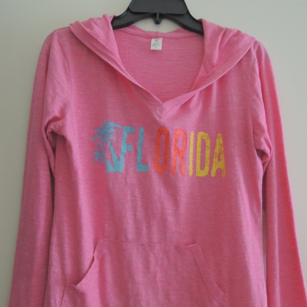 Ladies Top Size M Hot Pink L/S Hooded Top - FLORIDA Wording Sparkles FL Souvenir